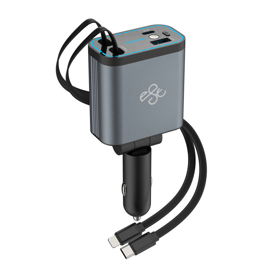 4 in 1 Retractable Car Charger 120W Fast Charging Car Station with Ambient Star Light